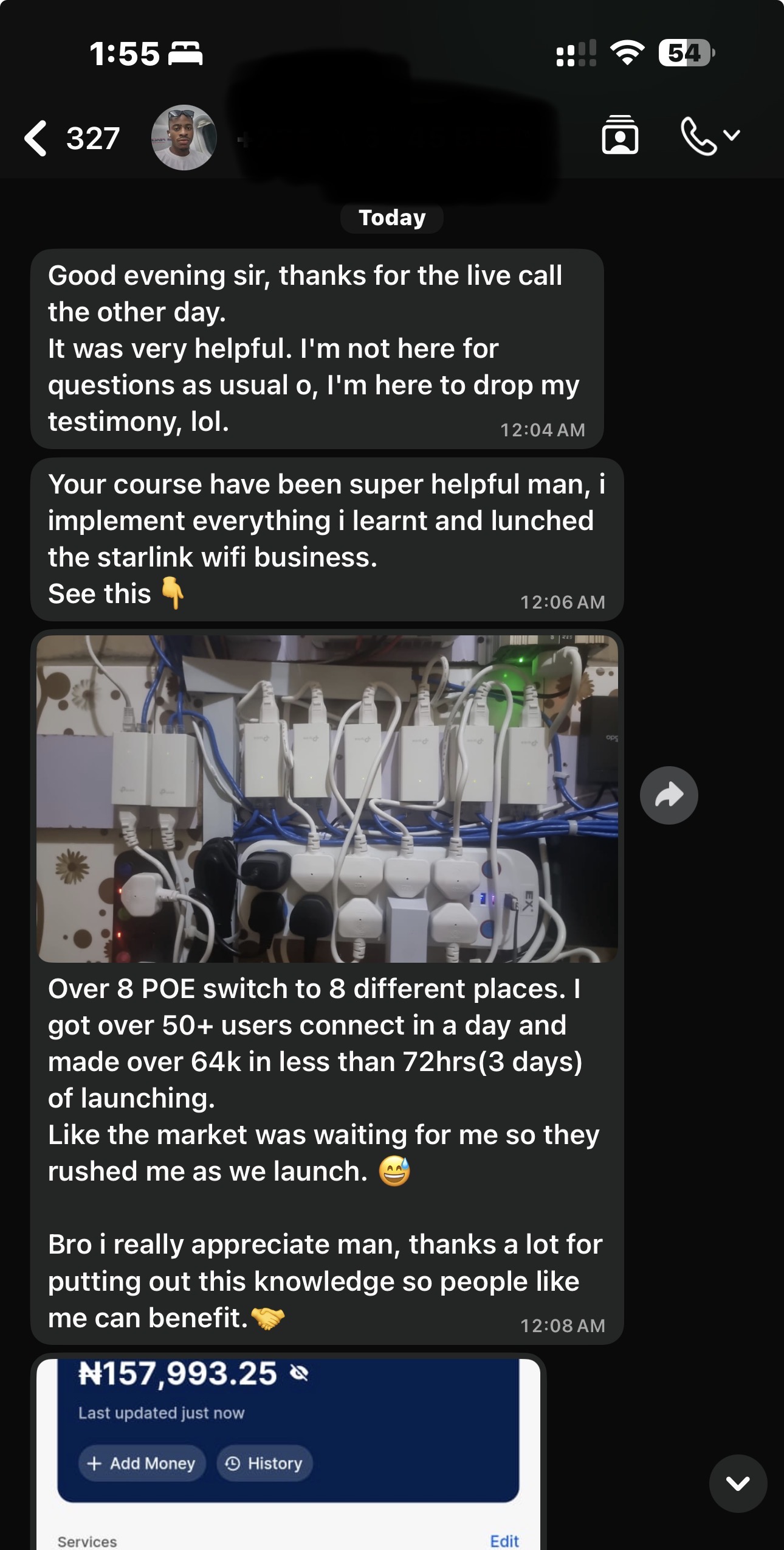 Student testimonial showing Starlink Wi-Fi business result