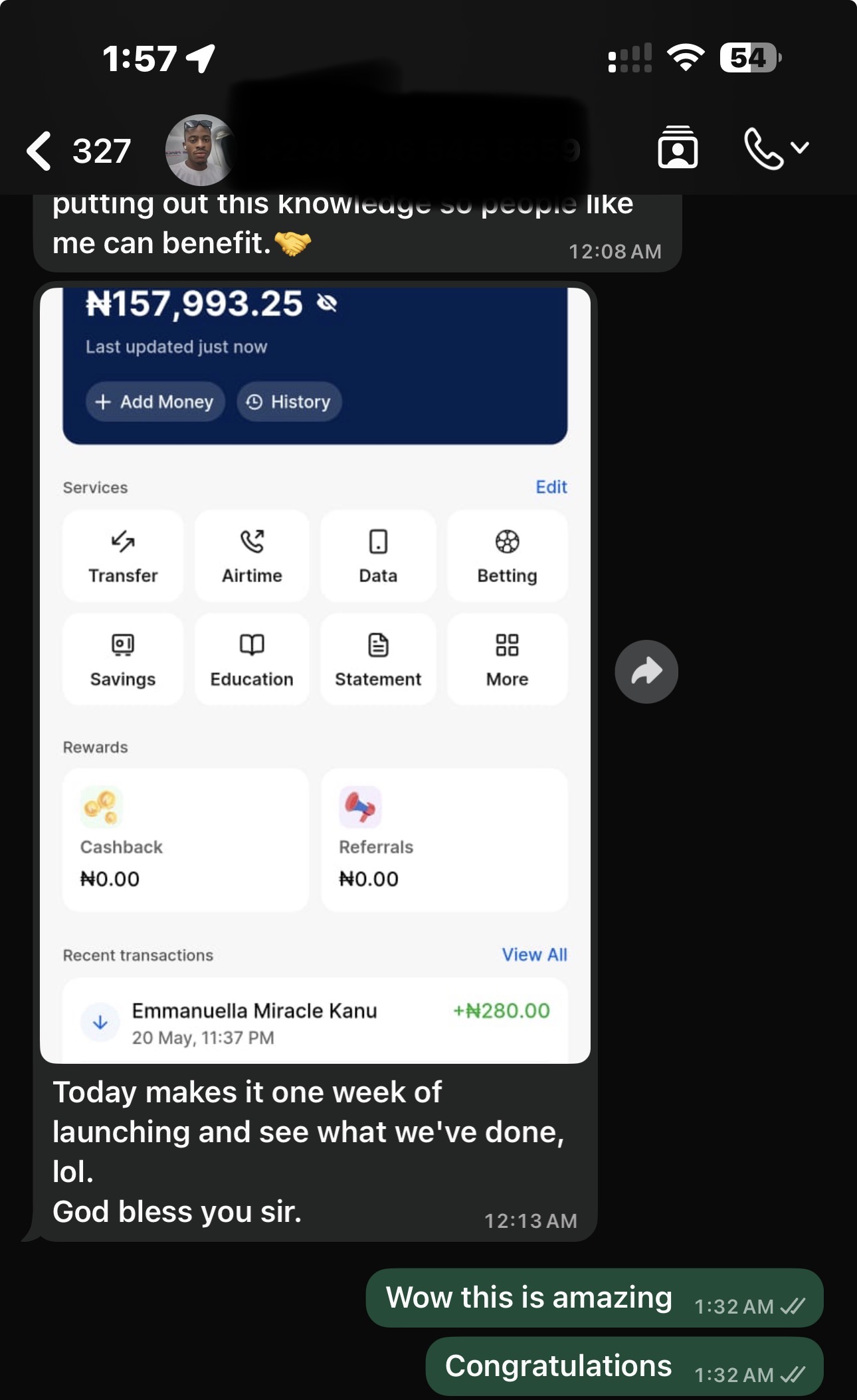 Student testimonial showing business account result after launch